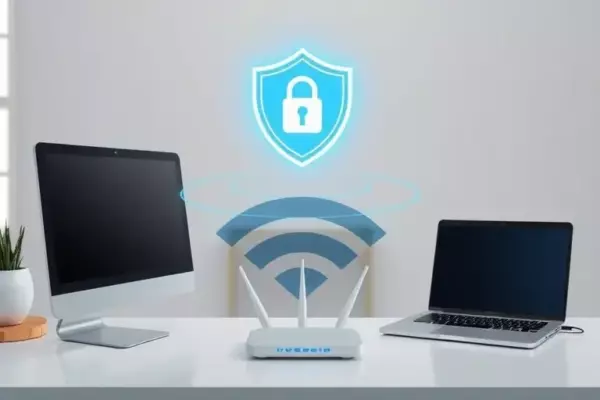 A modern home office scene showing a desktop computer and a laptop connected to a sleek Wi-Fi router, with glowing Wi-Fi signal waves, a digital shield overlay and a VPN lock icon hovering above the devices, emphasizing network security and protection, in a clean realistic style