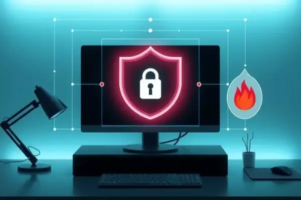 A modern home desktop computer on a desk, surrounded by visual layers of digital protection: a glowing shield overlay representing antivirus, a stylized firewall flame icon, and subtle circuit patterns indicating network security, all rendered in a sleek, high‑quality digital art style with a cool blue‑green color palette and soft lighting