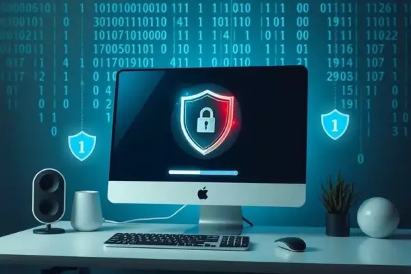 A modern home desktop computer on a desk, with a glowing shield overlay and a subtle progress bar icon indicating system updates, surrounded by visual symbols of security such as a lock and a shield, with faint binary code streaming in the background to represent vulnerability patches, all rendered in a clean, high‑detail style without any text or human figures
